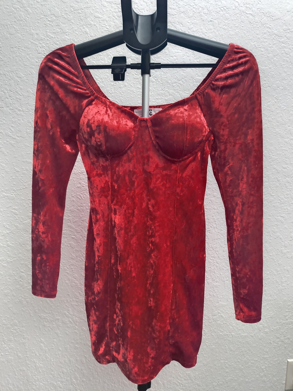 Madden NYC XS Red Velvet Corset Bodycon Mini Dress Long Sleeve Built In Cups